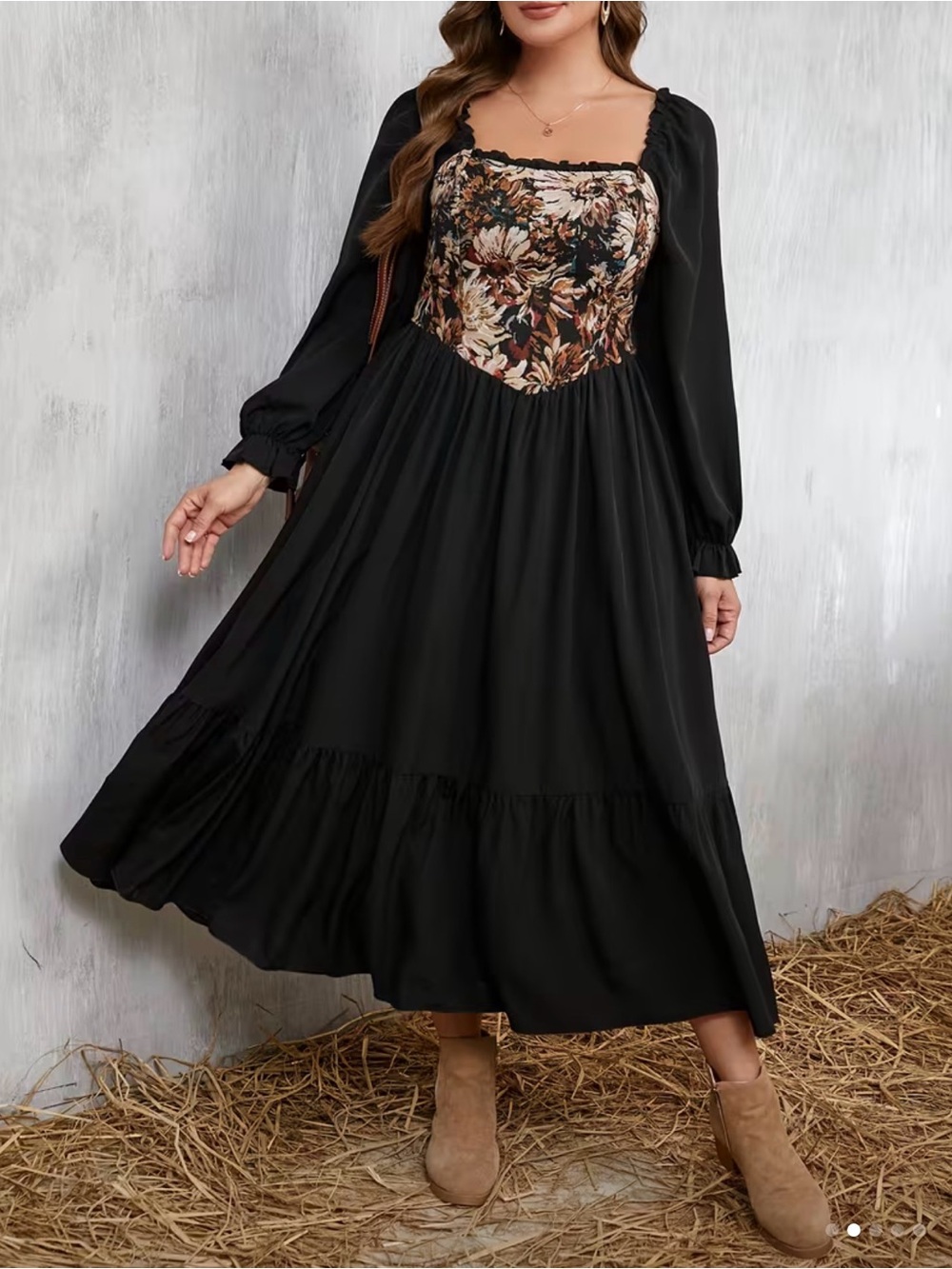 Women's Black Floral Jacquard Bodice Long Sleeve Maxi Dress 3XL
